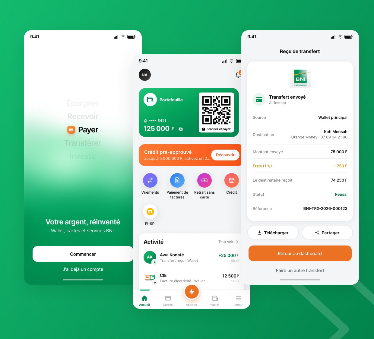 L’application mobile de la BNI : l’écran d’accueil, le tableau de bord et un reçu de transfert.