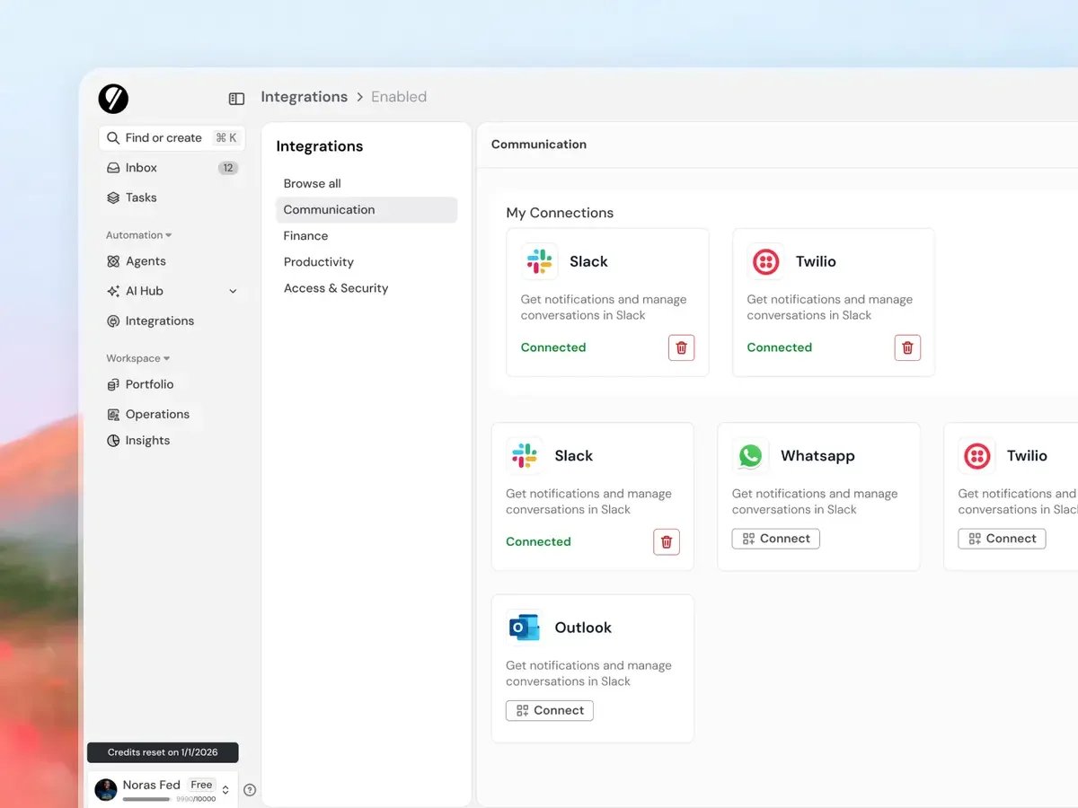 L’interface de Jengo : les connexions avec Slack, WhatsApp, Twilio et Outlook.