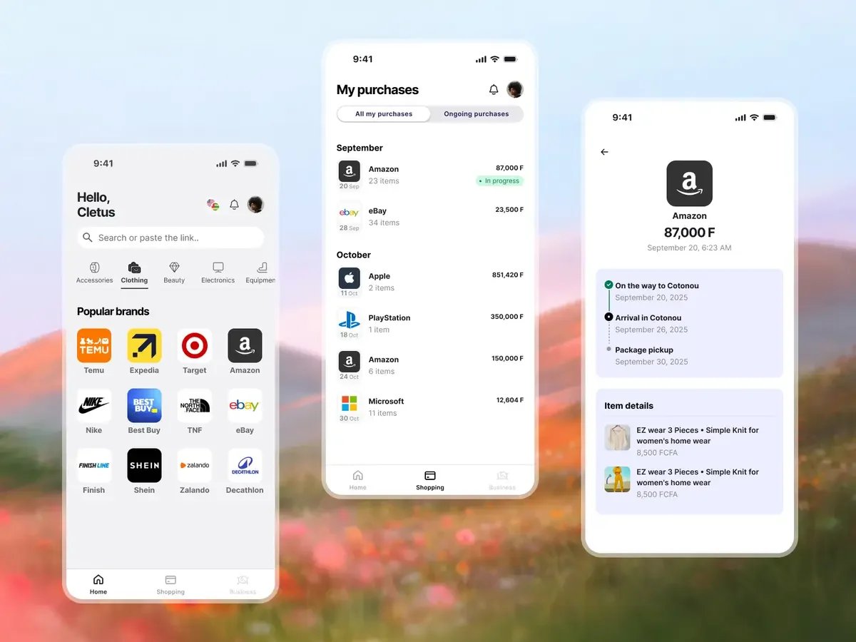 L’application Piamshop sur deux téléphones : les achats du mois et le suivi d’une commande.